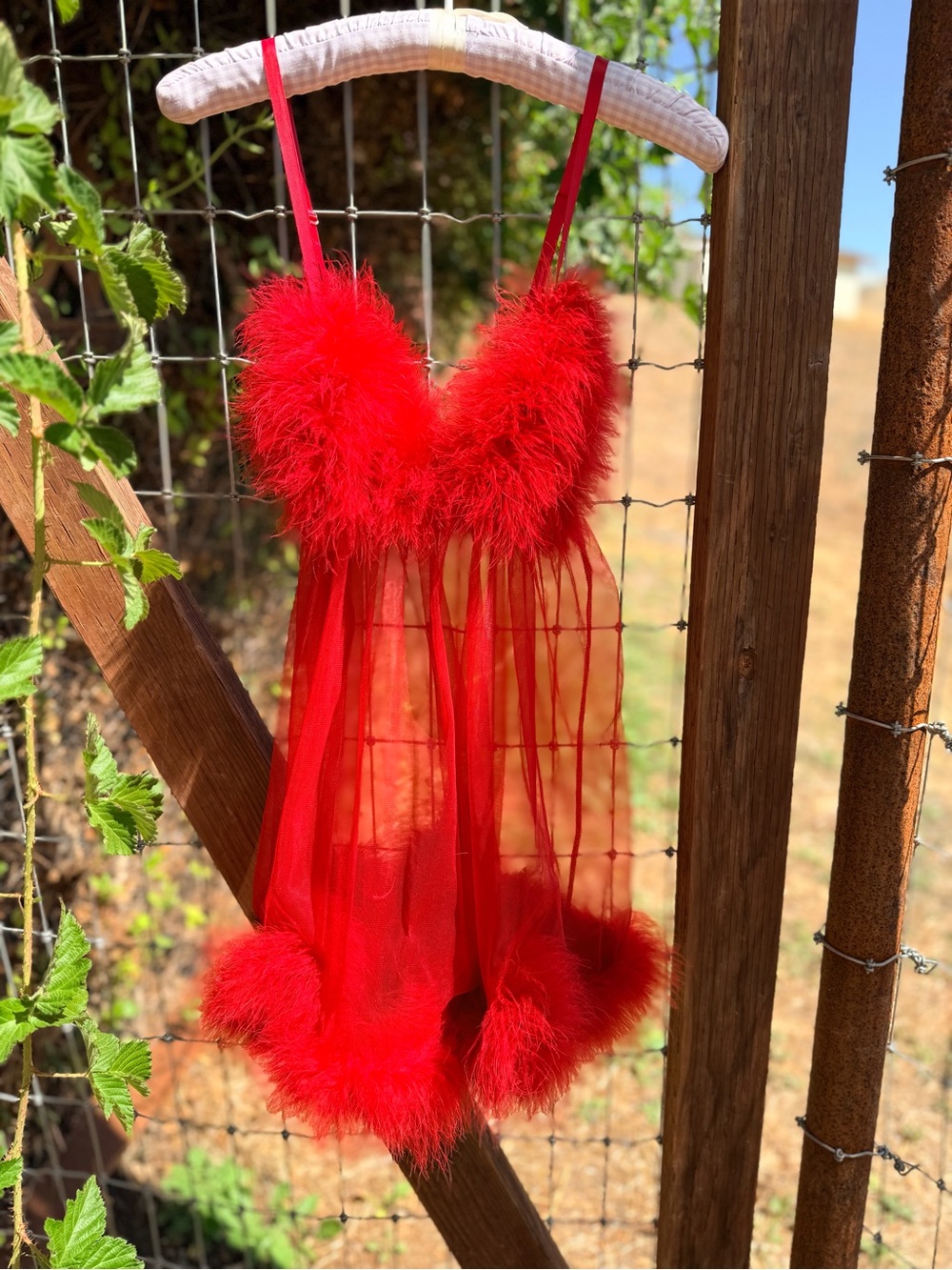 Vintage Red Feather-Trim Sheer Babydoll Chemise